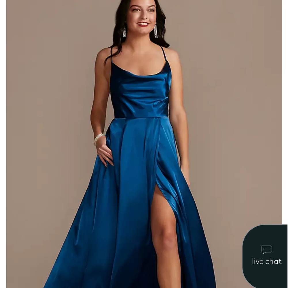 David's Bridal Teal Satin Maxi Dress